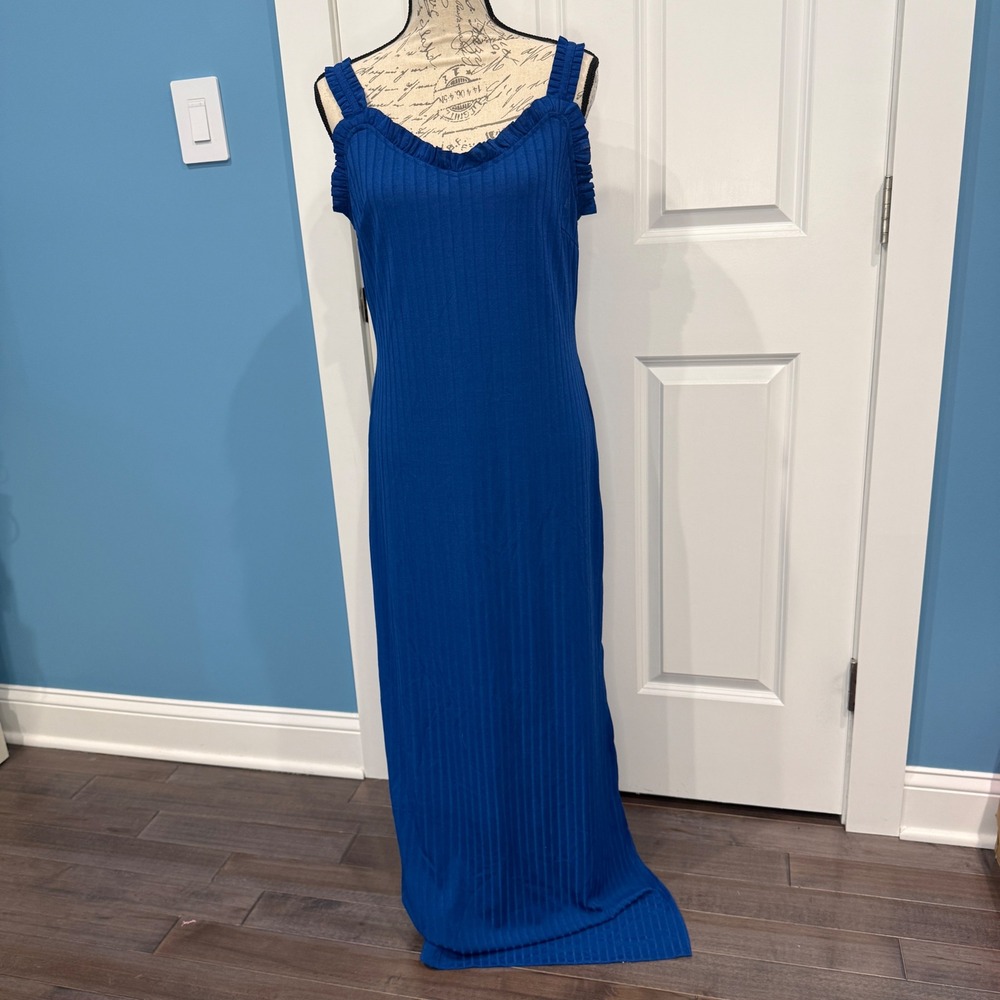 Haute Monde Royal Blue Ribbed Maxi‎ Dress Ruffle V-Neck Side Slit Size 1X NEW